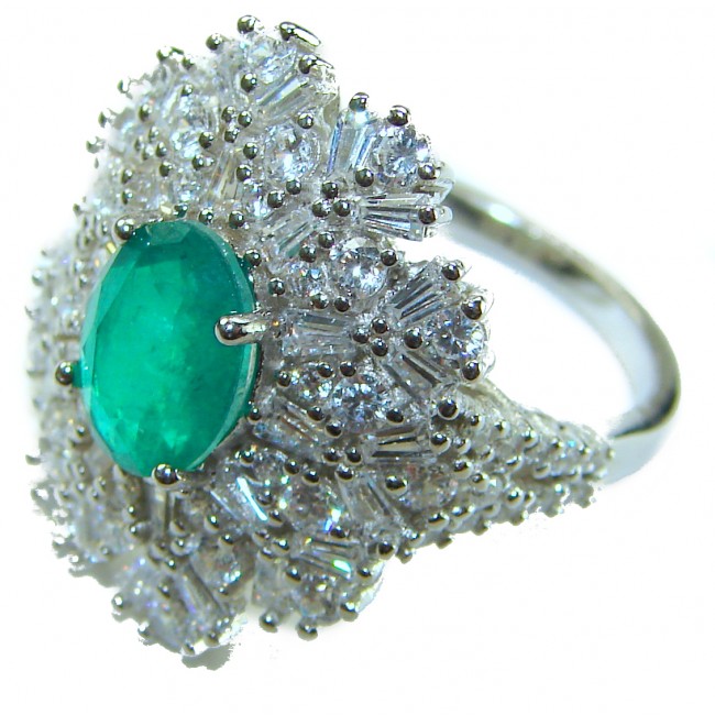 Authentic 4.2 carat Colombian Emerald .925 Sterling Silver handcrafted Ring size 6 1/2 - Emerald ring close-up showing intricate gemstone and silver design.