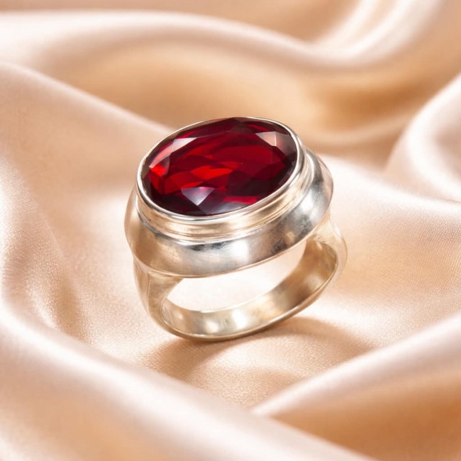 Red Cascade Authentic 10.4 carat Garnet .925 Sterling Silver brilliantly handcrafted large Statement Ring size 8 - Silver ring with red garnet, close-up on silk fabric.