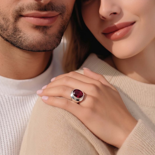 Red Cascade Authentic 10.4 carat Garnet .925 Sterling Silver brilliantly handcrafted large Statement Ring size 8 - Garnet ring worn on hand, close-up of stone and silver band.