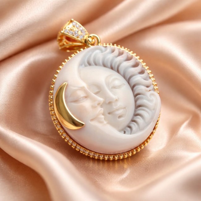 Perfect Balance Exquisite Cameo from Sea Shell 22K Gold over .925 Sterling SilverMade in Italy Statement pendant - Gold and sea shell cameo pendant on satin fabric, front view.