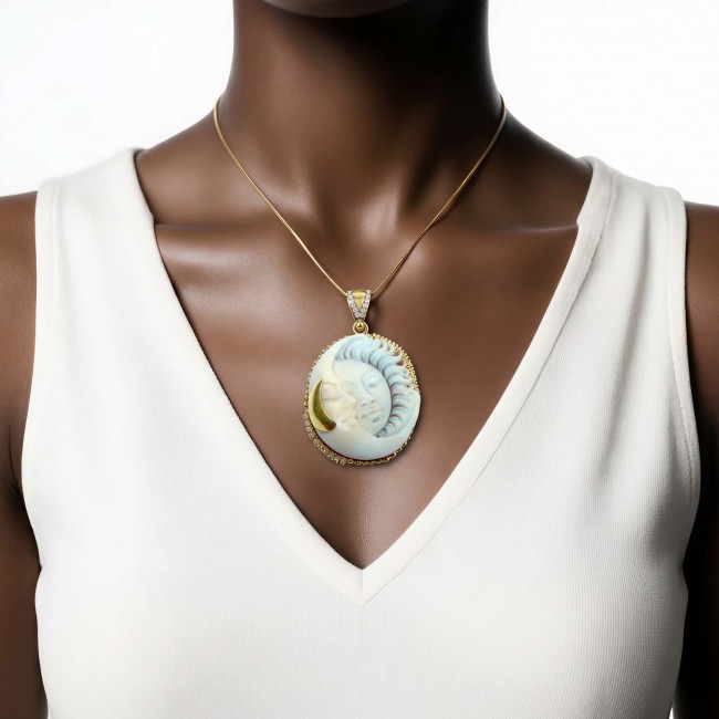 Perfect Balance Exquisite Cameo from Sea Shell 22K Gold over .925 Sterling SilverMade in Italy Statement pendant - Elegant cameo pendant worn on neck, front view, gold chain visible.