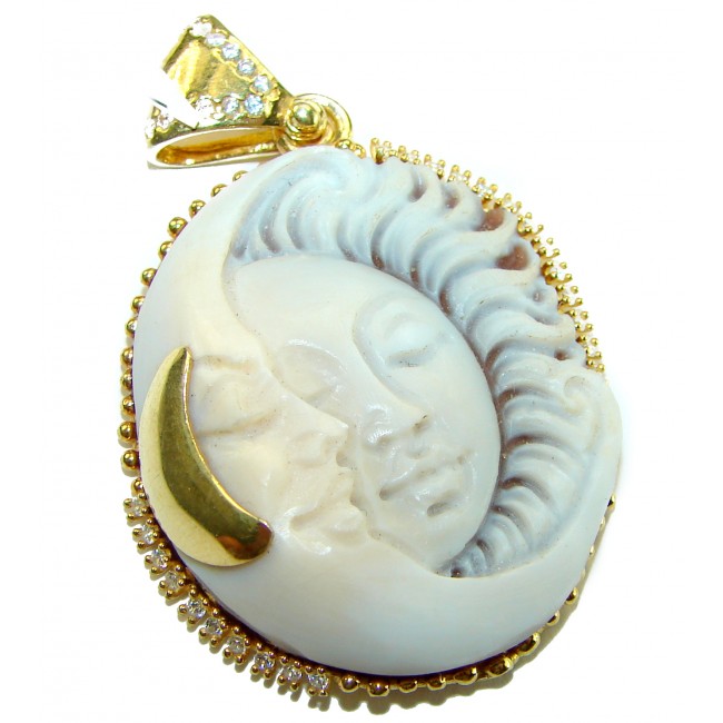 Perfect Balance Exquisite Cameo from Sea Shell 22K Gold over .925 Sterling SilverMade in Italy Statement pendant - Close-up of cameo pendant with gold accents, face design.