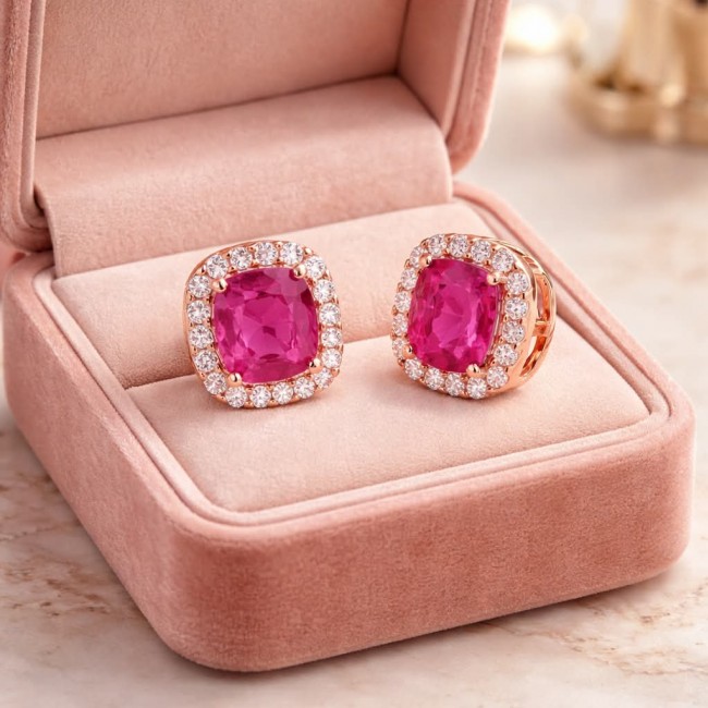 Black Lable Collection - Authentic 4.8 carat Mozambique Ruby 22K Rose Gold over .925 Sterling Silver brilliantly handcrafted earrings - Close-up of earrings with pink stones in a velvet box.
