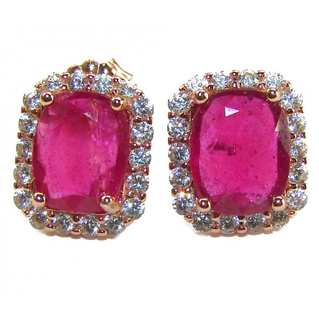 Black Lable Collection - Authentic 4.8 carat Mozambique Ruby 22K Rose Gold over .925 Sterling Silver brilliantly handcrafted earrings - Close-up of ruby earrings with diamond halo, Black Label Collection.