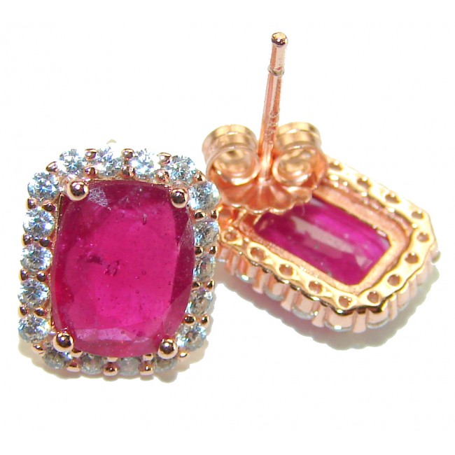 Black Lable Collection - Authentic 4.8 carat Mozambique Ruby 22K Rose Gold over .925 Sterling Silver brilliantly handcrafted earrings - Close-up of ruby earrings with diamond halo in gold setting.