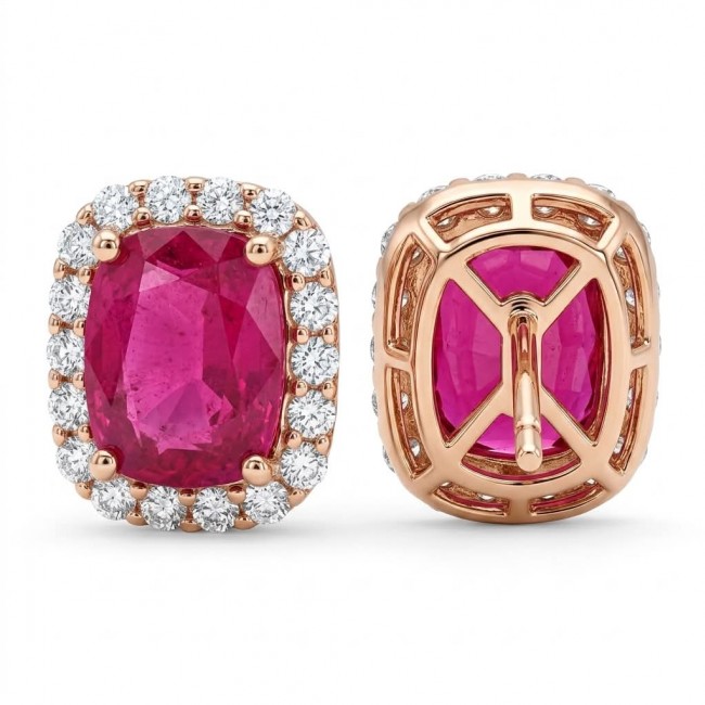 Black Lable Collection - Authentic 4.8 carat Mozambique Ruby 22K Rose Gold over .925 Sterling Silver brilliantly handcrafted earrings - Ruby earrings front and back view with diamond halo, gold setting