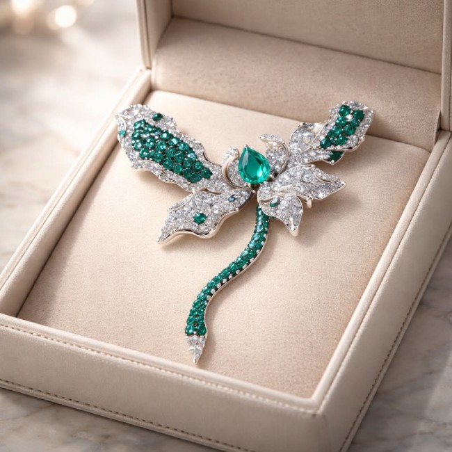 Black Label Collection - Retro Style - Green Flower Genuine 14.5 carat Colombian Emerald .925 Sterling Silver handmade Pendant - Brooch - Green flower brooch with emeralds and diamonds in a display box.