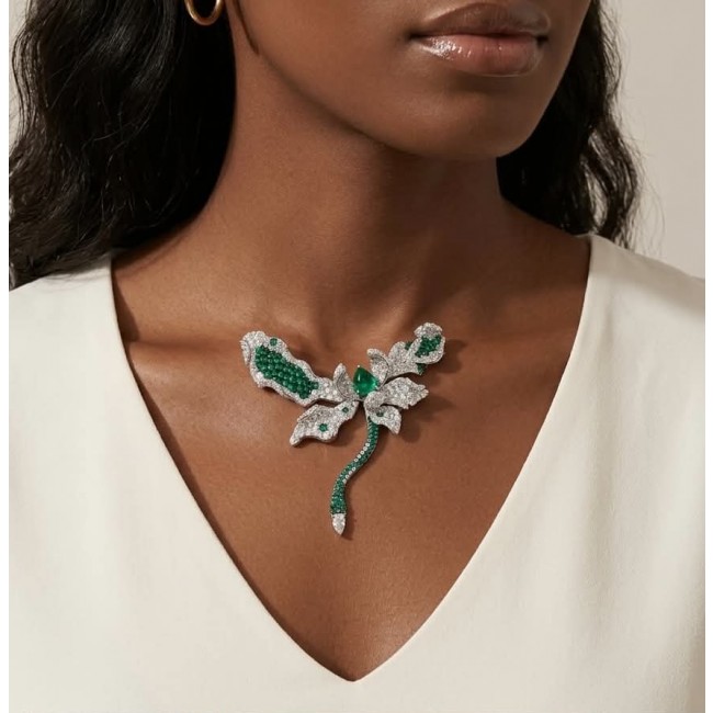 Black Label Collection - Retro Style - Green Flower Genuine 14.5 carat Colombian Emerald .925 Sterling Silver handmade Pendant - Brooch - Emerald flower necklace worn on neck, front view close-up.