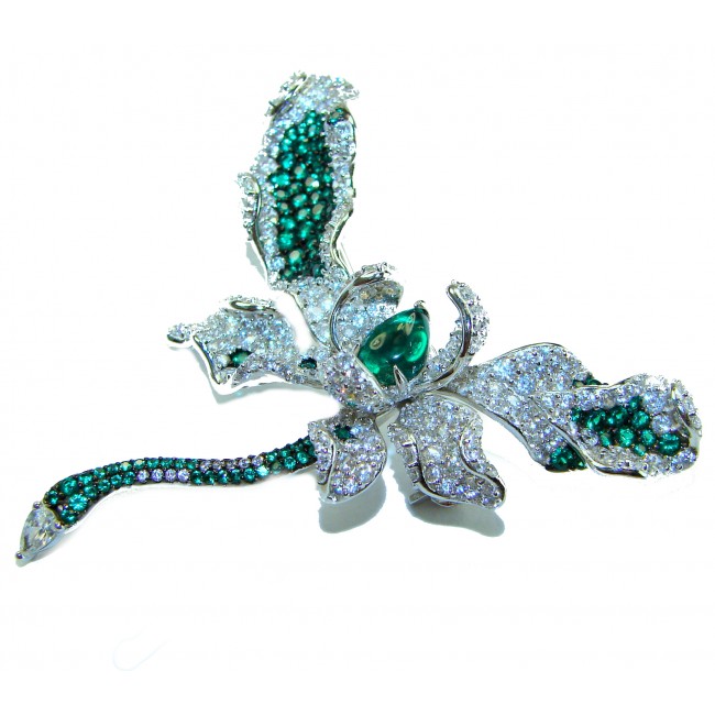 Black Label Collection - Retro Style - Green Flower Genuine 14.5 carat Colombian Emerald .925 Sterling Silver handmade Pendant - Brooch - Orchid-shaped brooch with green and clear gems, top view.