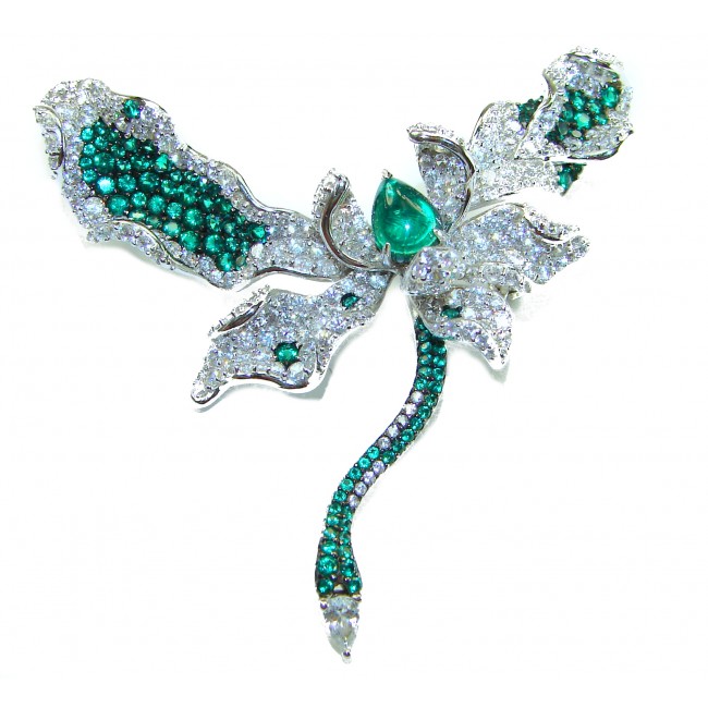 Black Label Collection - Retro Style - Green Flower Genuine 14.5 carat Colombian Emerald .925 Sterling Silver handmade Pendant - Brooch - Green flower jewelry, top view, highlighting emerald and diamond detail.