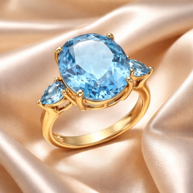 Pacifica - Authentic 17.8 carat Swiss Blue Topaz 22K Gold over .925 Sterling Silver handcrafted Large Statement ring size 8 1/4 - Gold ring with Swiss Blue Topaz gemstones on a satin background.