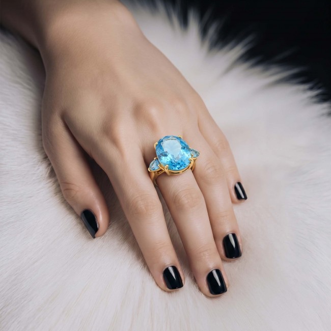 Pacifica - Authentic 17.8 carat Swiss Blue Topaz 22K Gold over .925 Sterling Silver handcrafted Large Statement ring size 8 1/4 - Hand with Pacifica 17.8 carat Swiss Blue Topaz ring, 22K gold.