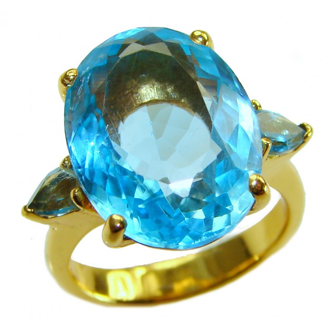 Pacifica - Authentic 17.8 carat Swiss Blue Topaz 22K Gold over .925 Sterling Silver handcrafted Large Statement ring size 8 1/4 - Close-up of Pacifica Swiss Blue Topaz ring in 22K gold, top view.