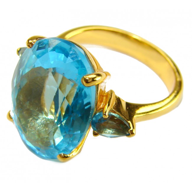 Pacifica - Authentic 17.8 carat Swiss Blue Topaz 22K Gold over .925 Sterling Silver handcrafted Large Statement ring size 8 1/4 - Blue topaz gold ring close-up with side view of stone and setting.