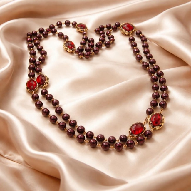 Incredible 48 inches long Red Topaz Agate 10K Gold over .925 Sterling Silver handmade Necklace - Red Topaz Agate necklace styled on satin fabric, top view.