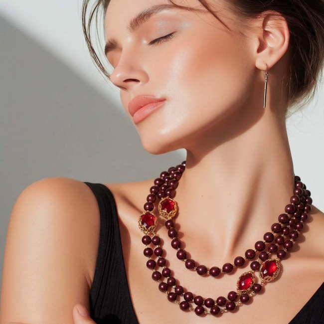 Incredible 48 inches long Red Topaz Agate 10K Gold over .925 Sterling Silver handmade Necklace - Side view of woman wearing red topaz agate necklace and earrings.
