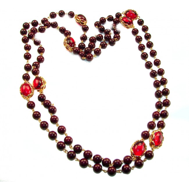 Incredible 48 inches long Red Topaz Agate 10K Gold over .925 Sterling Silver handmade Necklace - Long red topaz agate necklace with gold accents, full view.