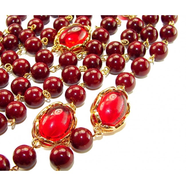 Incredible 48 inches long Red Topaz Agate 10K Gold over .925 Sterling Silver handmade Necklace - Close-up of red topaz and agate necklace with gold accents.