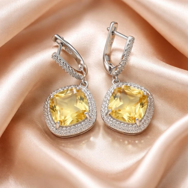 Vivien Luxurious Style - Natural 8.2 carat Citrine .925 Sterling Silver dipped in Rhodium handmade earrings - Close-up of Vivien Luxurious Style Citrine earrings on satin background.