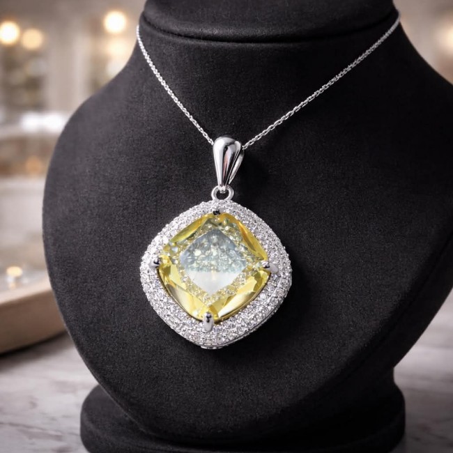 Vivien Luxurious Style - Natural 8.2 carat Citrine .925 Sterling Silver dipped in Rhodium handmade pendant - Citrine pendant on display bust, front view.