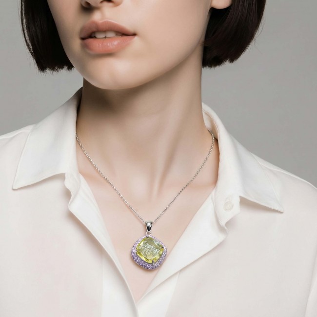 Vivien Luxurious Style - Natural 8.2 carat Citrine .925 Sterling Silver dipped in Rhodium handmade pendant - Necklace with Citrine worn on model, front view.