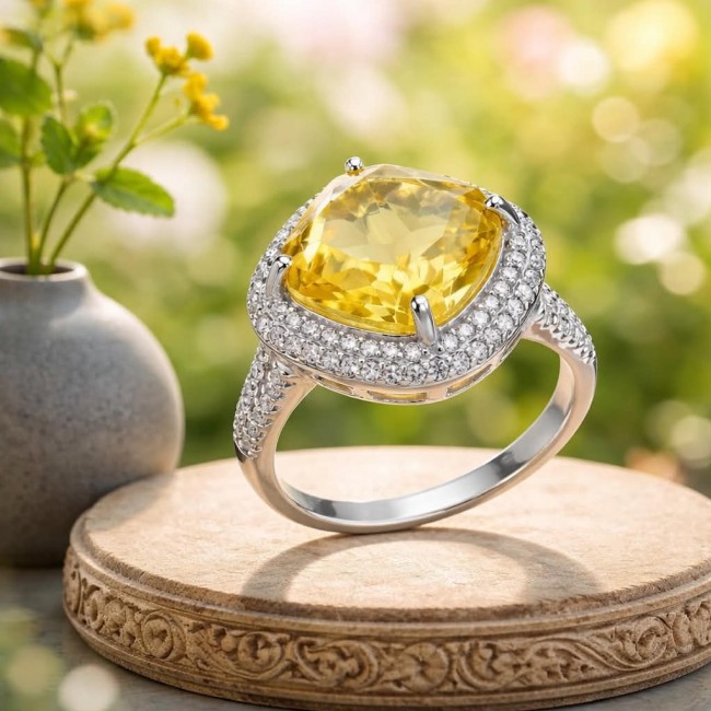 Vivien Luxurious Style - Natural 7.2 carat Citrine .925 Sterling Silver dipped in Rhodium handmade ring size 8 - Citrine gemstone ring side view with diamond accents on ornate stand.