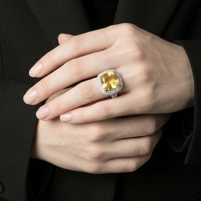 Vivien Luxurious Style - Natural 7.2 carat Citrine .925 Sterling Silver dipped in Rhodium handmade ring size 8 - Citrine ring worn on hand, showcasing large stone and silver setting.