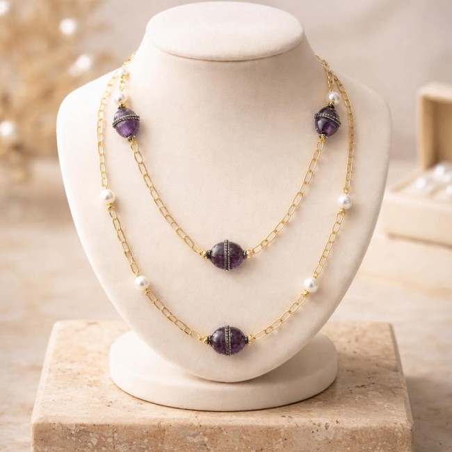Natural Amethyst 14K Gold over .925 Sterling Silver handcrafted necklace, 32 inches - Amethyst and pearl gold necklace on display bust, front view.