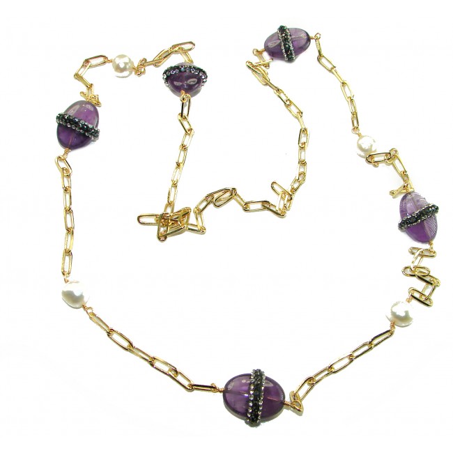 Natural Amethyst 14K Gold over .925 Sterling Silver handcrafted necklace, 32 inches - Amethyst necklace with gold links and pearls, top view.