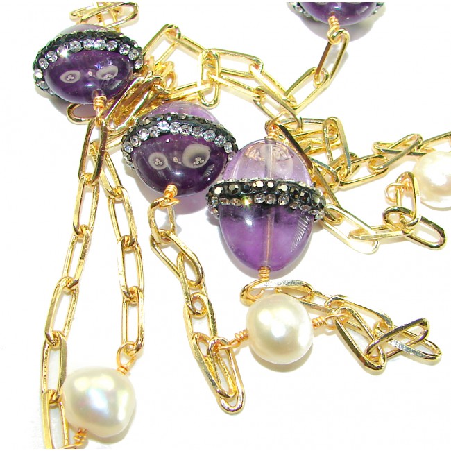 Natural Amethyst 14K Gold over .925 Sterling Silver handcrafted necklace, 32 inches - Close-up of amethyst and pearl necklace with gold chain detail