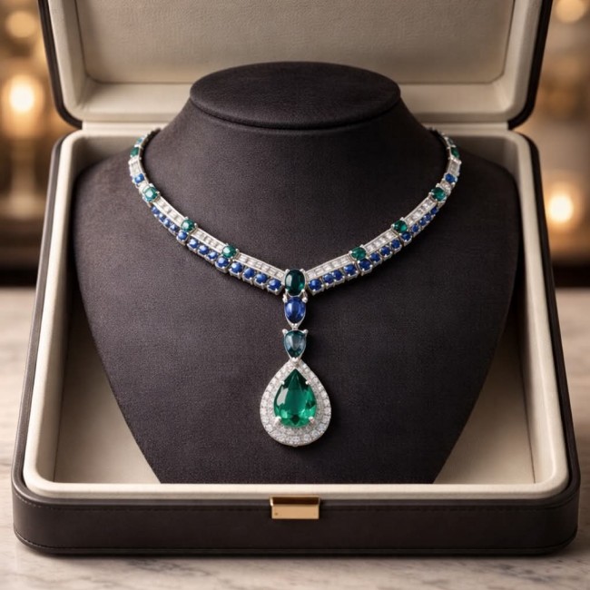 Tiffany - Authentic 15.5 CARAT Chrome Diopside Sapphire .925 Sterling Silver handcrafted necklace - Elegant Tiffany necklace with sapphire and diopside, front view in box.