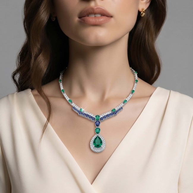 Tiffany - Authentic 15.5 CARAT Chrome Diopside Sapphire .925 Sterling Silver handcrafted necklace - Necklace worn, close-up view showing emerald and sapphire details.