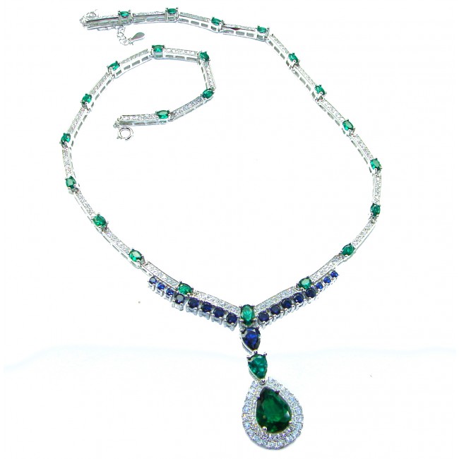 Tiffany - Authentic 15.5 CARAT Chrome Diopside Sapphire .925 Sterling Silver handcrafted necklace - Tiffany necklace with emerald and sapphire stones, full view.