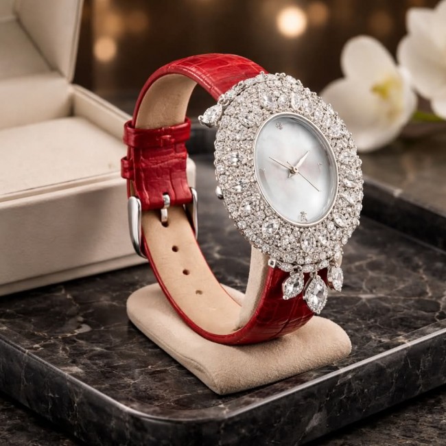 Precious 18.5 carat Authentic Red Genuine Leather strap .925 Sterling Silver handmade Watch - Luxury watch with diamonds and red leather strap on display cushion.