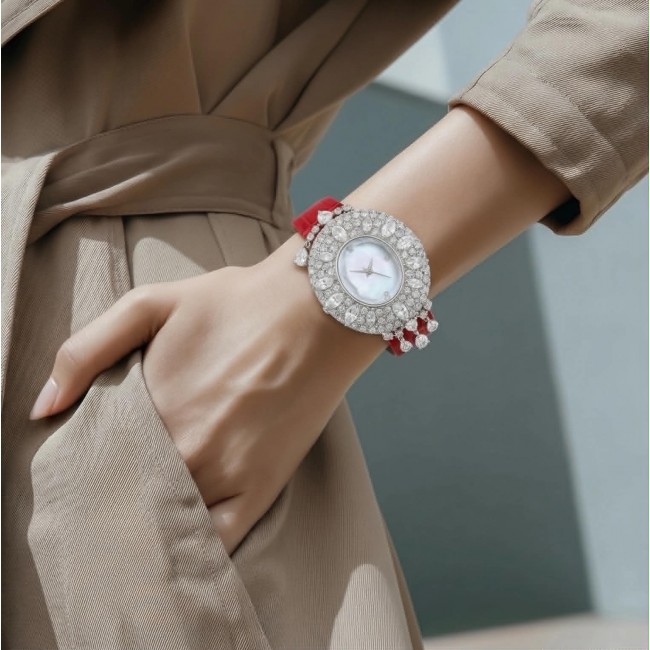 Precious 18.5 carat Authentic Red Genuine Leather strap .925 Sterling Silver handmade Watch - Close-up of luxurious diamond watch with red leather strap on wrist.