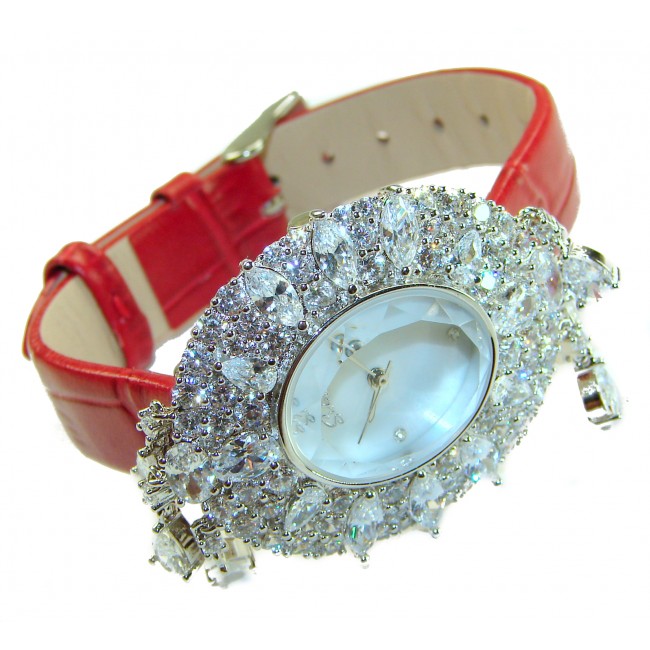 Precious 18.5 carat Authentic Red Genuine Leather strap .925 Sterling Silver handmade Watch - Luxurious jeweled watch with red leather strap, angled front view.