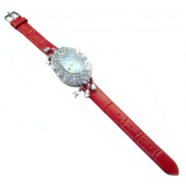 Precious 18.5 carat Authentic Red Genuine Leather strap .925 Sterling Silver handmade Watch - Luxury watch with red leather strap and diamond embellishments, top view.