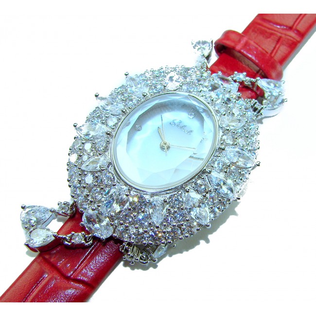 Precious 18.5 carat Authentic Red Genuine Leather strap .925 Sterling Silver handmade Watch - Elegant watch with diamond-studded face and red leather strap, close-up.