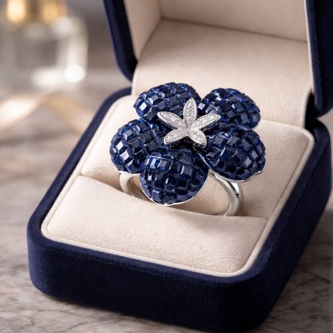 Born to Glam 12.2 carat natural Sapphire .925 Sterling Silver Perfectly handcrafted Ring s. 7 1/4 - Close-up of Sapphire Sterling Silver ring in a velvet box.