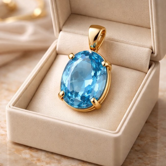 Vintage style 9.8 carat Swiss Blue Topaz .925 Sterling Silver DIPPED IN 18K Gold handmade Pendant - Close-up of vintage-style blue topaz pendant in a jewelry box.
