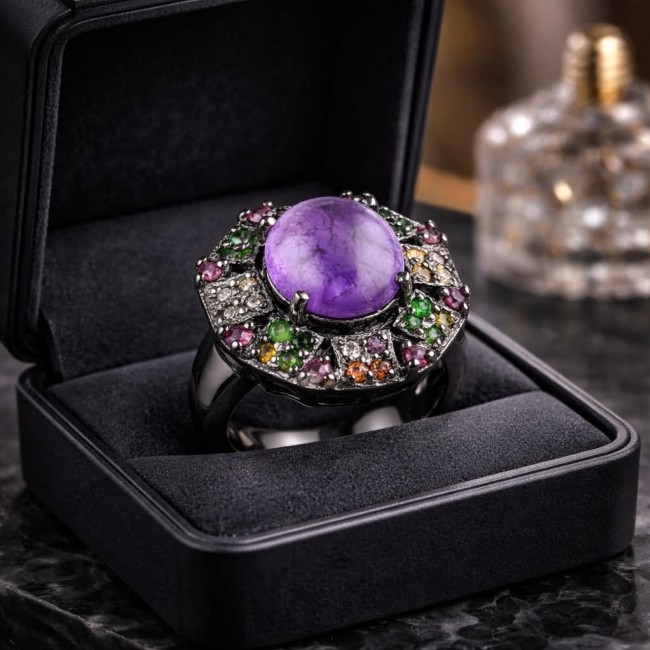 Purple Queen 6.2 carat natural Amethyst .925 Sterling Silver Handcrafted Ring size 7 1/4 - Close-up of Purple Queen amethyst ring in a black box.