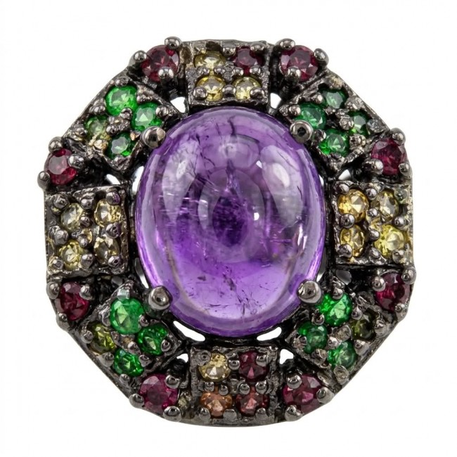Purple Queen 6.2 carat natural Amethyst .925 Sterling Silver Handcrafted Ring size 7 1/4 - Amethyst ring, top view, with multicolored gemstones and sterling silver.