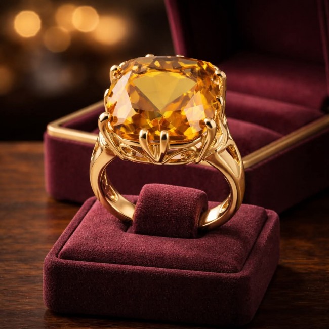 22.8 carat Genuine Lemon Quartz 14K Gold over .925 Sterling Silver handcrafted ring size 6 - Close-up of 22.8 ct lemon quartz ring in gold, on velvet display box.