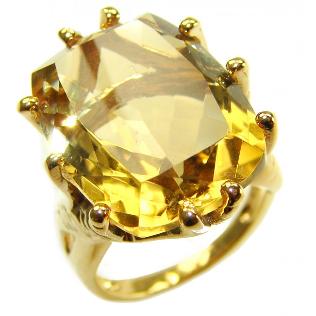 22.8 carat Genuine Lemon Quartz 14K Gold over .925 Sterling Silver handcrafted ring size 6 - Lemon quartz ring, stone close-up, 14K gold over sterling silver.
