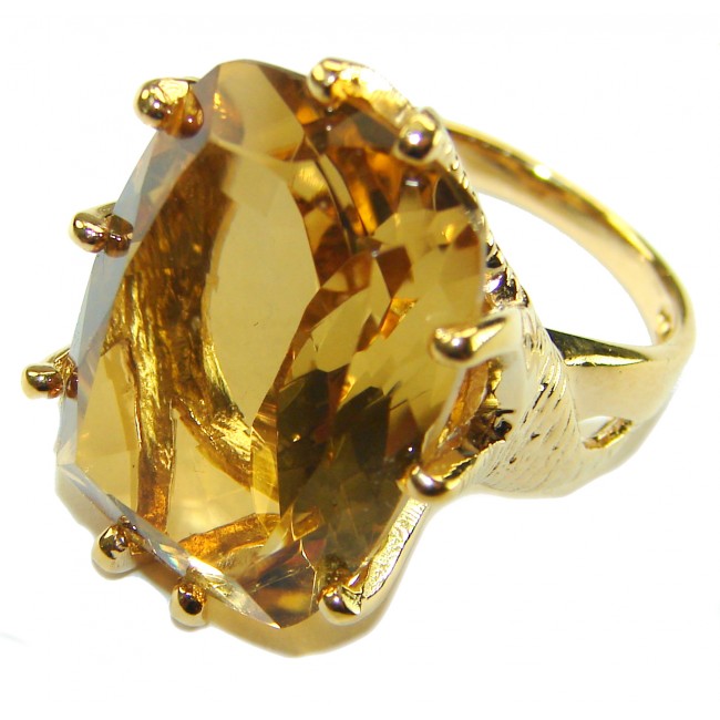 22.8 carat Genuine Lemon Quartz 14K Gold over .925 Sterling Silver handcrafted ring size 6 - Close-up of 22.8 carat lemon quartz ring in 14K gold over sterling silver.