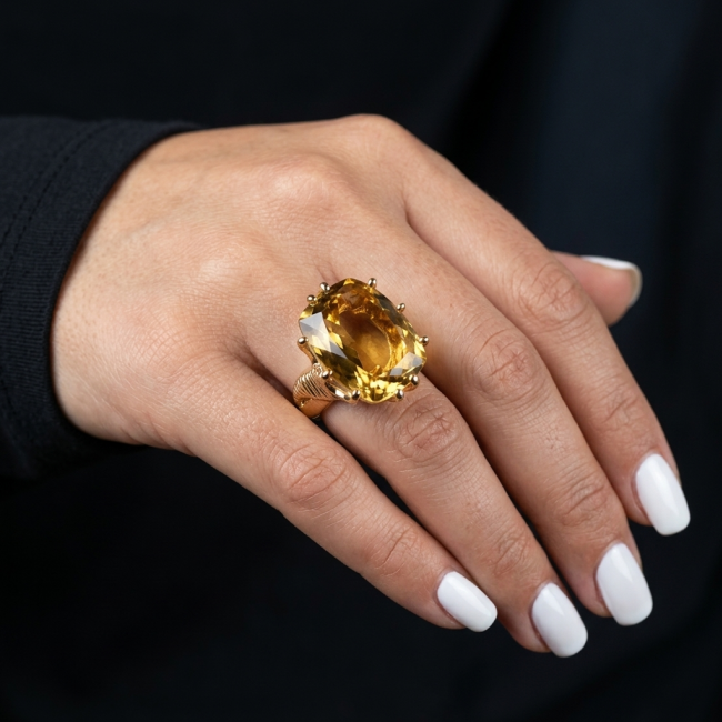 22.8 carat Genuine Lemon Quartz 14K Gold over .925 Sterling Silver handcrafted ring size 6 - Lemon quartz ring on hand, front view, 22.8 carat stone, 14K gold setting.
