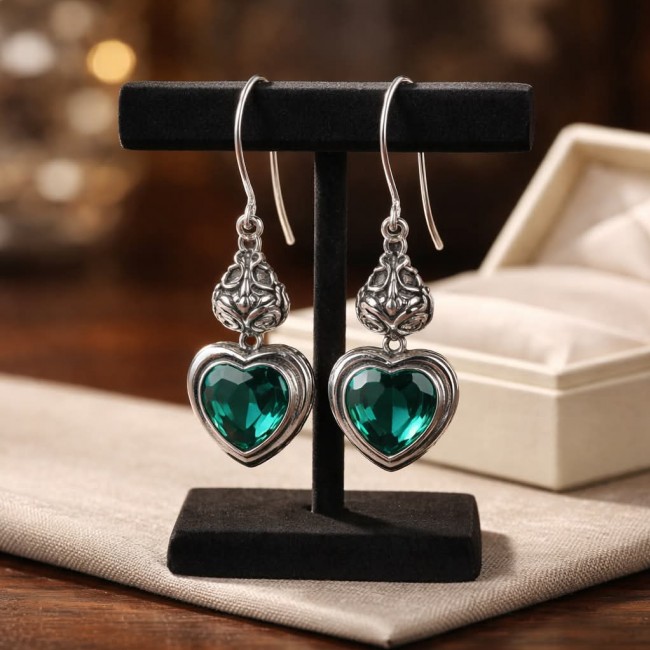 Green Heart Authentic 6.5 CARAT Chrome Diopside .925 Sterling Silver handcrafted earrings - Front view of green heart chrome diopside earrings on stand