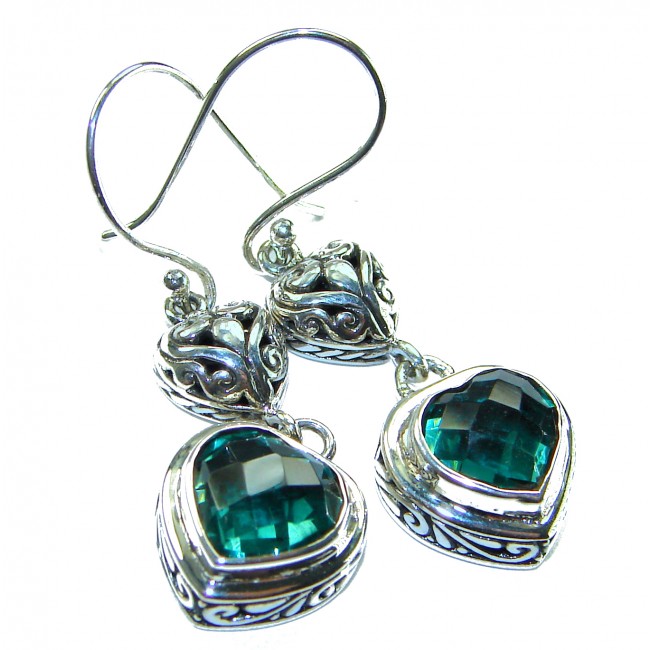 Green Heart Authentic 6.5 CARAT Chrome Diopside .925 Sterling Silver handcrafted earrings - Close-up of green heart earrings with intricate silver detailing
