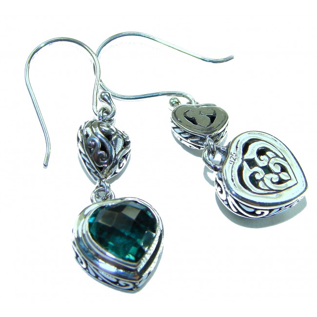 Green Heart Authentic 6.5 CARAT Chrome Diopside .925 Sterling Silver handcrafted earrings - Green heart earrings, chrome diopside, sterling silver, side view.