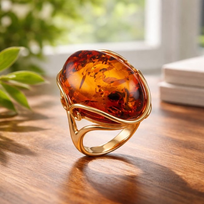 Authentic Baltic Amber 14K Gold over .925 Sterling Silver handcrafted ring; s. 7 adjustable - Amber ring in 14K gold over sterling silver, side view on wooden surface.